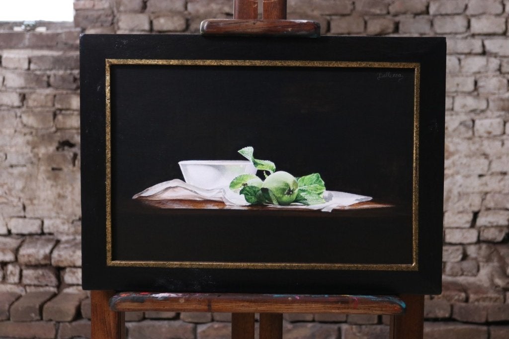 Stilleven appeltjes en witte kom – Marjolein van den Berg, Antiquités & Art, Textile, Signé, Peinture acrylique, Enlèvement