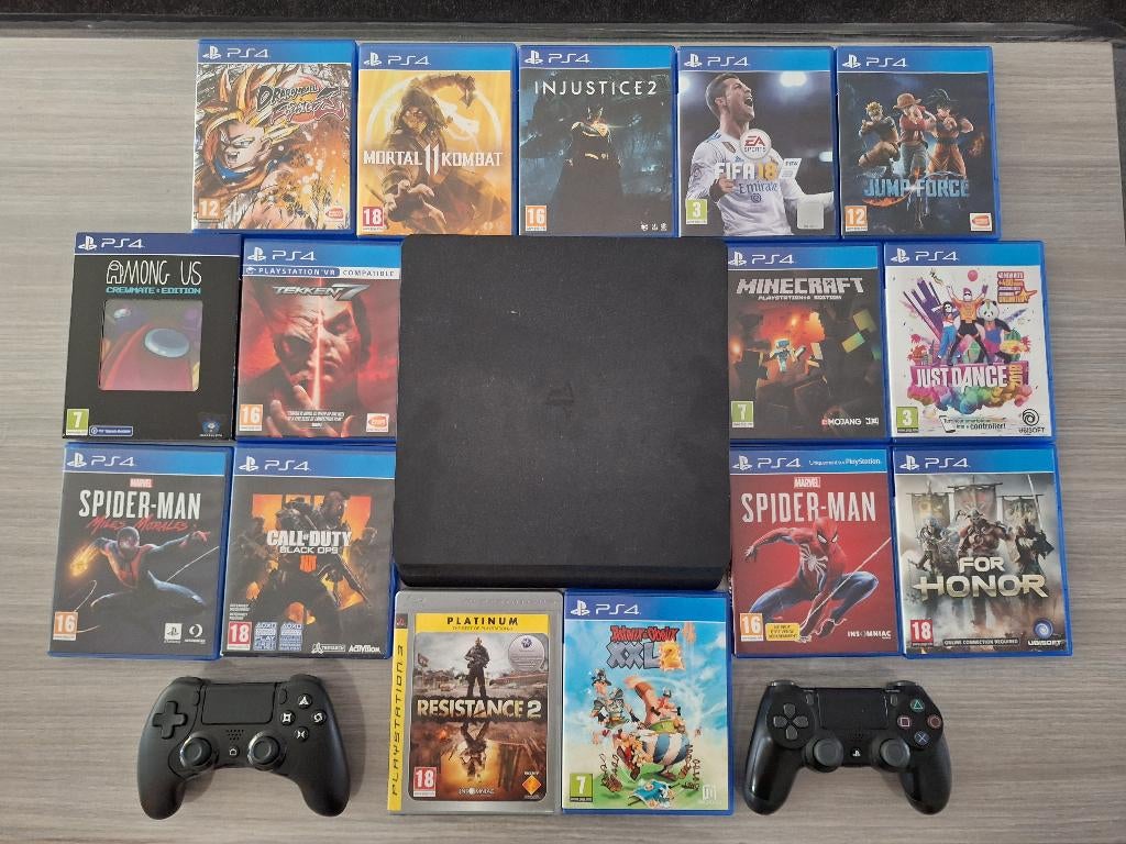 Playstation 4 Slim / PS4 met 2 Controller + 15 Games + Kabel, Ophalen, Gebruikt, Met 2 controllers, Met harde schijf