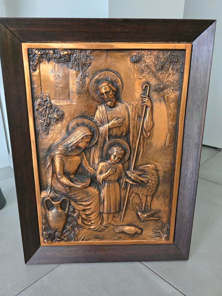 Prachtig koperen reliëf "Heilige Familie, Antiek en Kunst, Ophalen of Verzenden