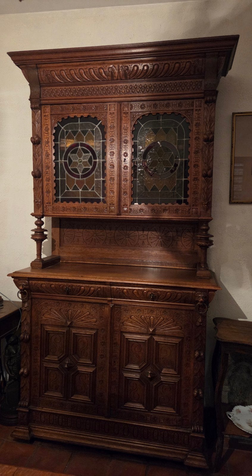 Mechelse kast met loodglas - 225 cm hoog - eiken, Antiek en Kunst, Antiek | Meubels | Kasten, Ophalen
