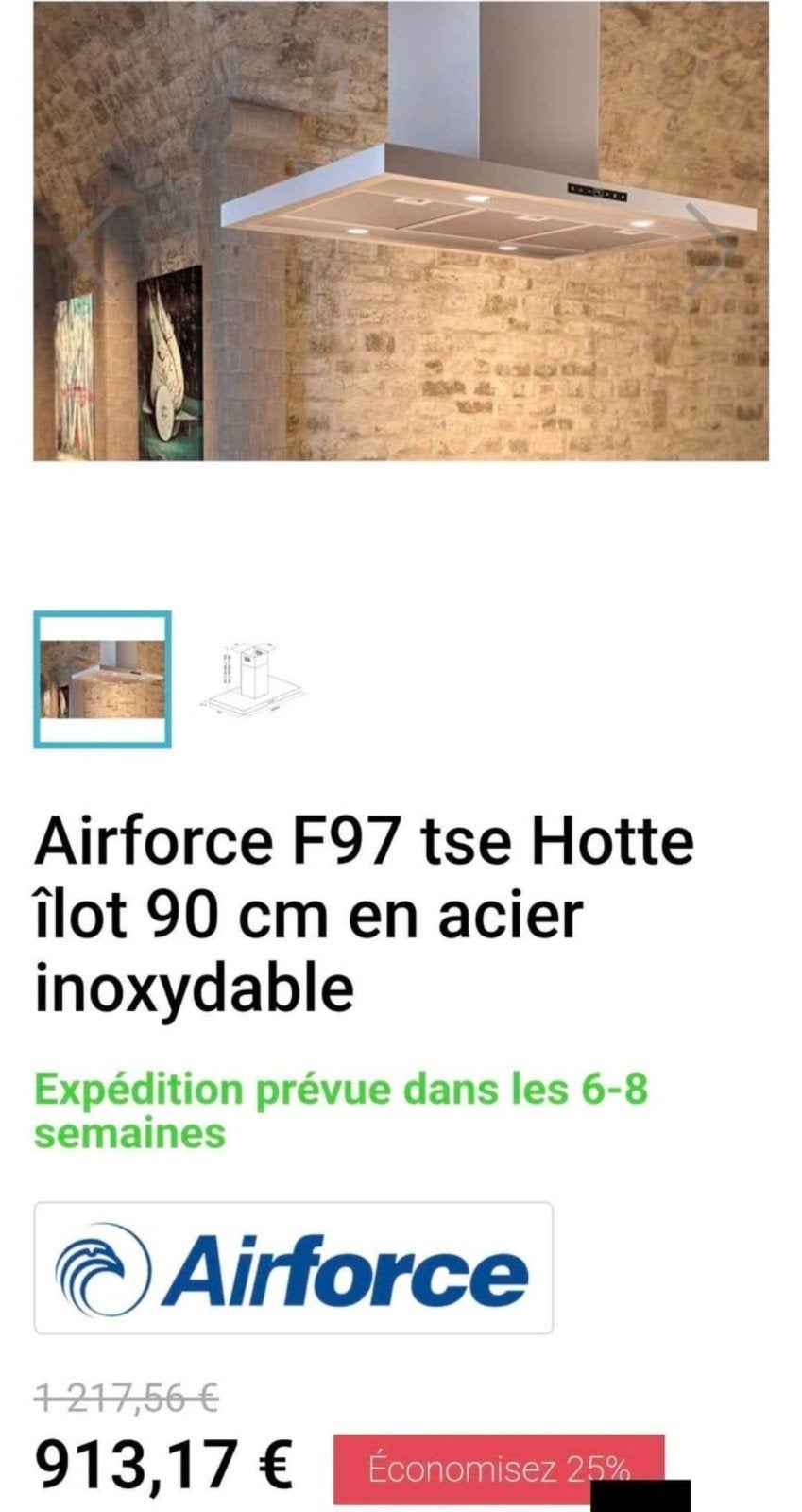 Hotte pour îlot central 90cm AIRFORCE Neuve, Enlèvement, Neuf
