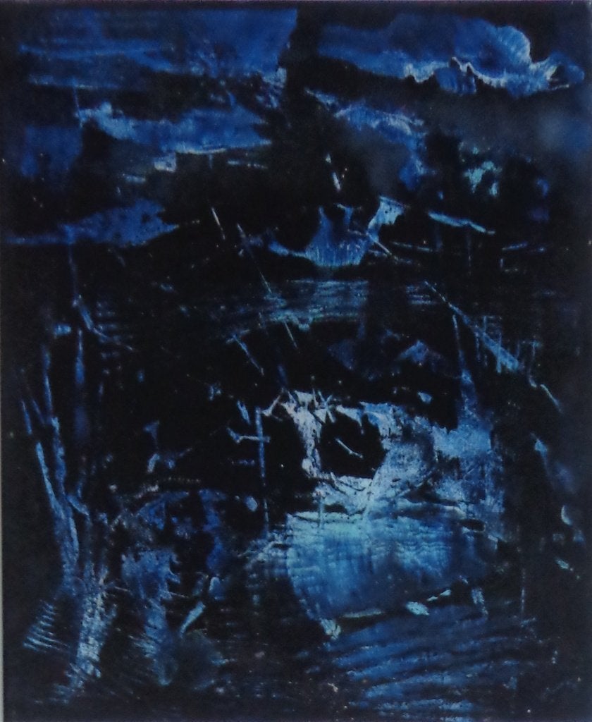 CECILE SAMAIN / BLAUWE ABSTRACTIE / OLIEVERF / 71x61cm KADER, Antiek en Kunst, Ophalen
