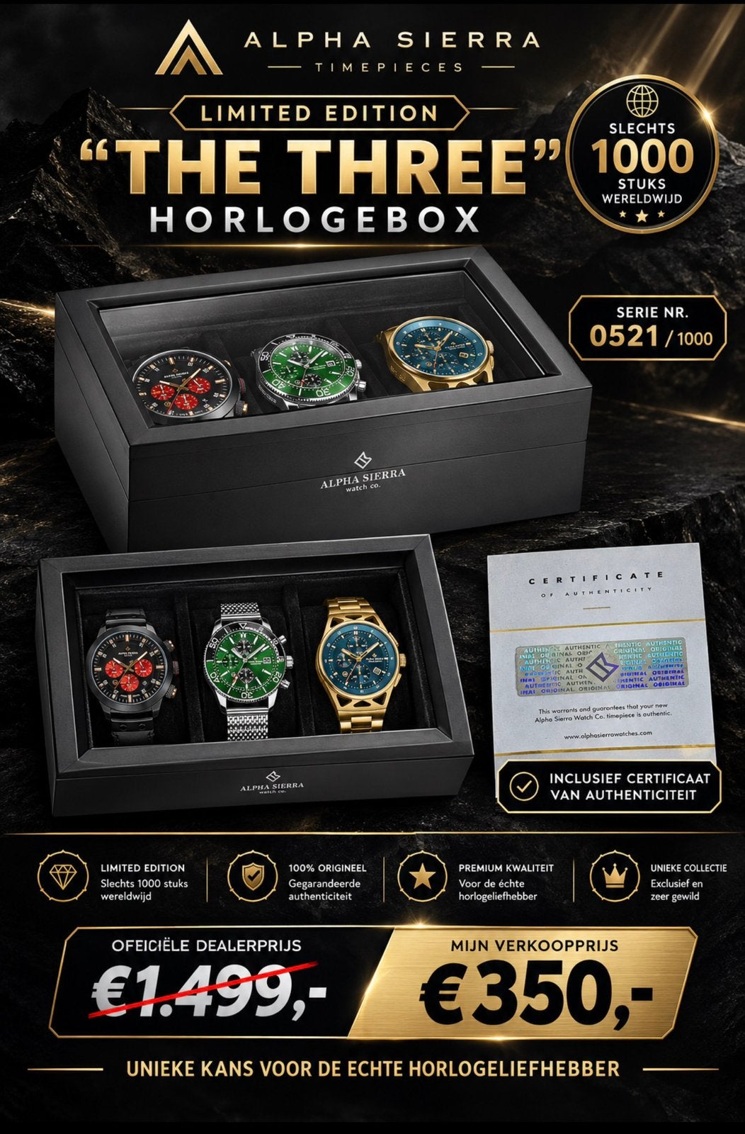 “THE THREE” BOX NR 0521TWV1499€! 💯%NIEUW MET CERTIFICAAT, Ophalen of Verzenden, Nieuw