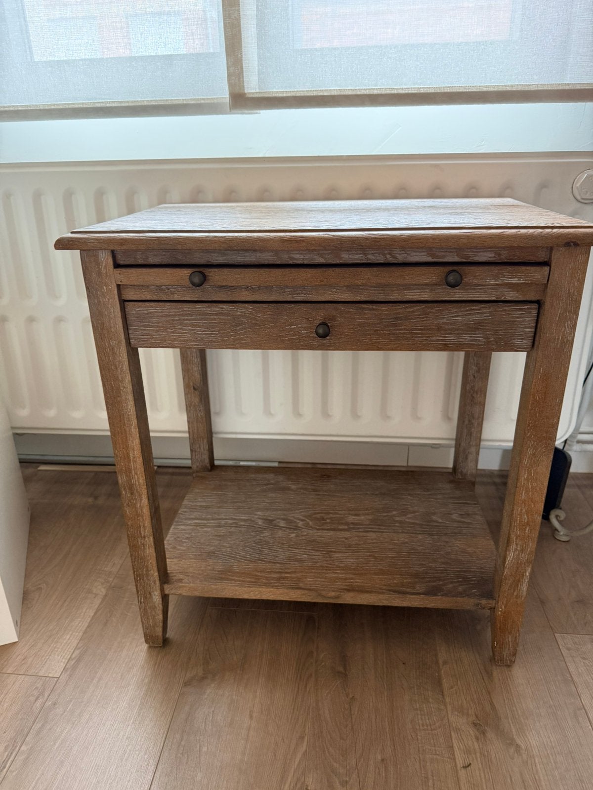 Landelijk eiken bijzettafelt met lade en uitschuifbaar blad, Ophalen, Gebruikt, Landelijk