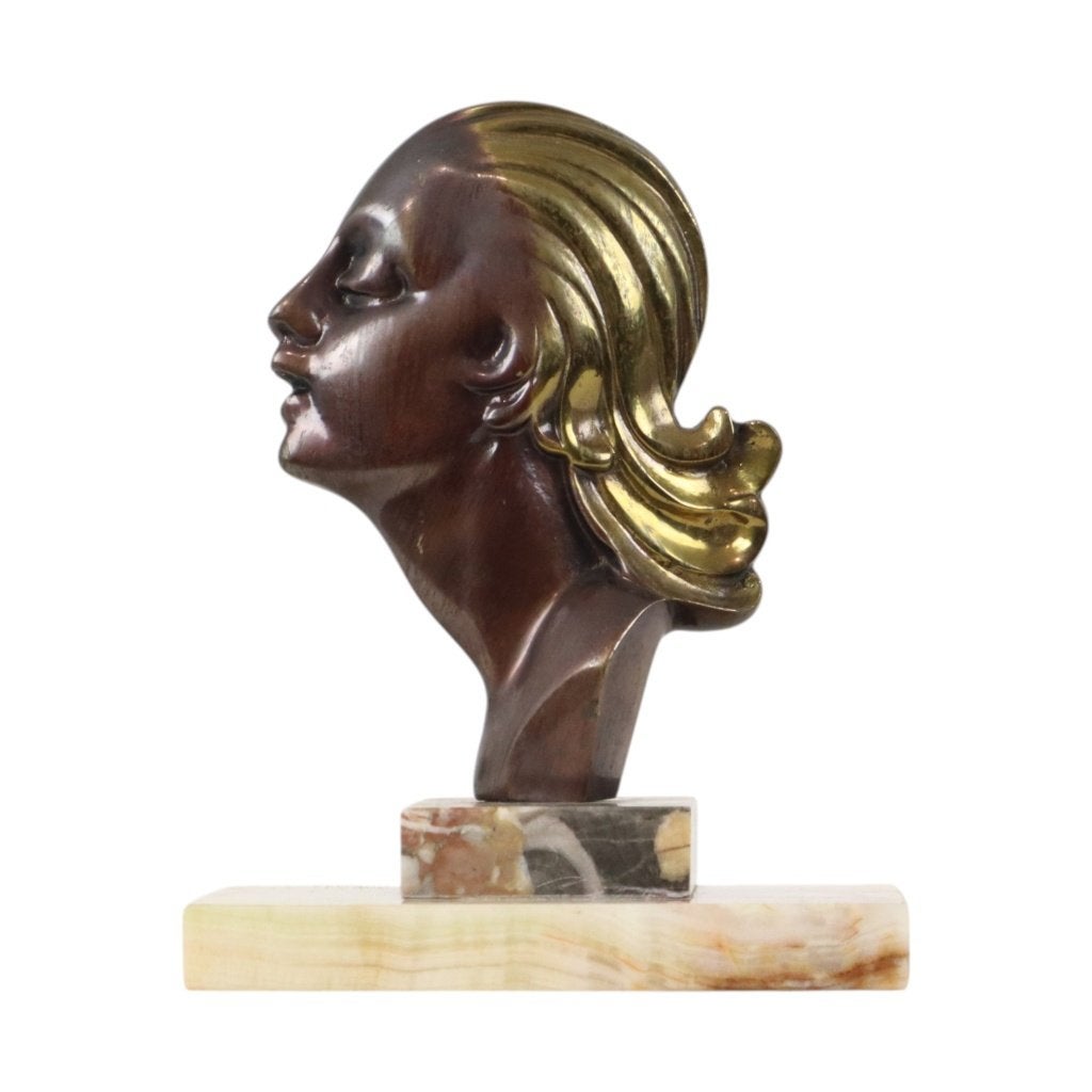 Bronzen Art Deco Beeld Vrouw Hagenauer Marmer Jaren 30, Statue, Enlèvement ou Envoi, Art deco, Brons