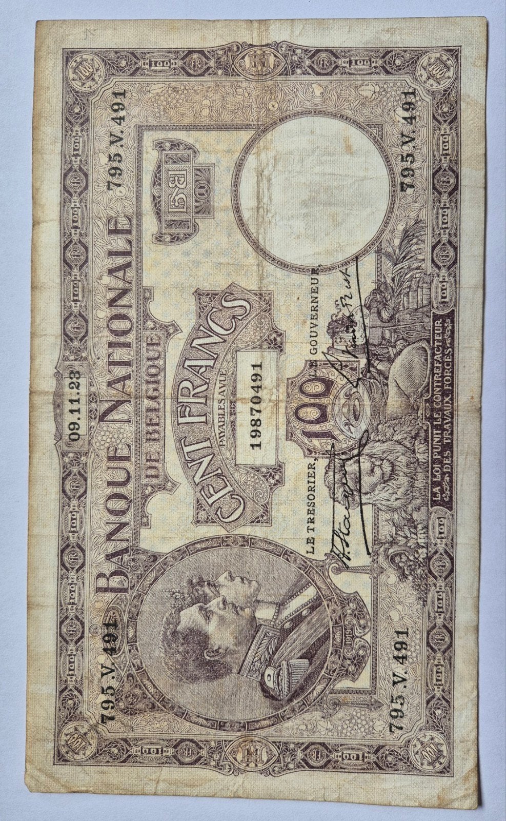 Billet 100 francs 09-11-23, Timbres & Monnaies, Billets de banque | Belgique, Envoi, Billets en vrac