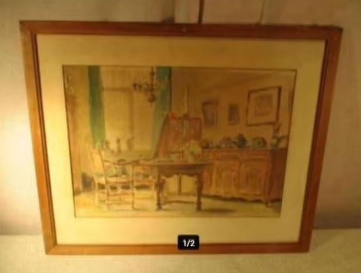 Mooi Oud Geschilderd Aquarel 'In de Huiskamer' - Poortman, Ophalen of Verzenden