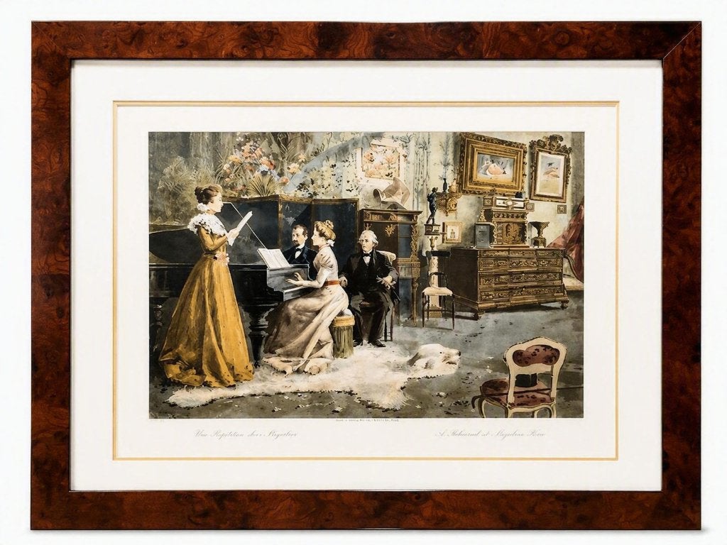 Grand cadre reproduction ancienne "scène bourgeoise"90x112cm, Enlèvement, Reproduction, Impression/reproduction, Sous verre