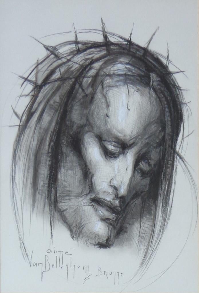 AIME VAN BELLEGHEM / CHRISTUS / ORIGINEEL / 68x51cm / KADER, Antiek en Kunst, Kunst | Schilderijen | Modern, Ophalen of Verzenden