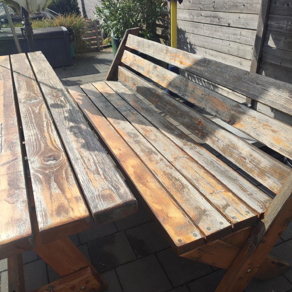 Tuintafel en bank, Tuin en Terras, Ophalen, Gebruikt, Rechthoekig, Hout