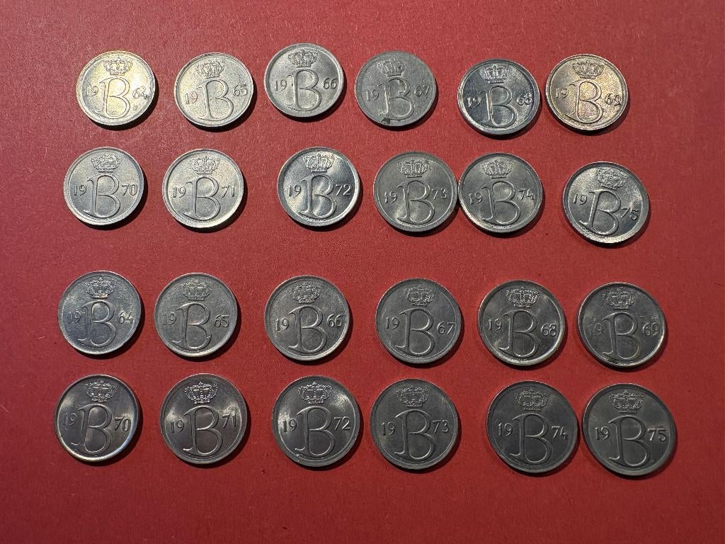 Lot 24 pièces 25 centimes 1964-1975 NL et FR (#151#), Enlèvement ou Envoi, Métal, Série