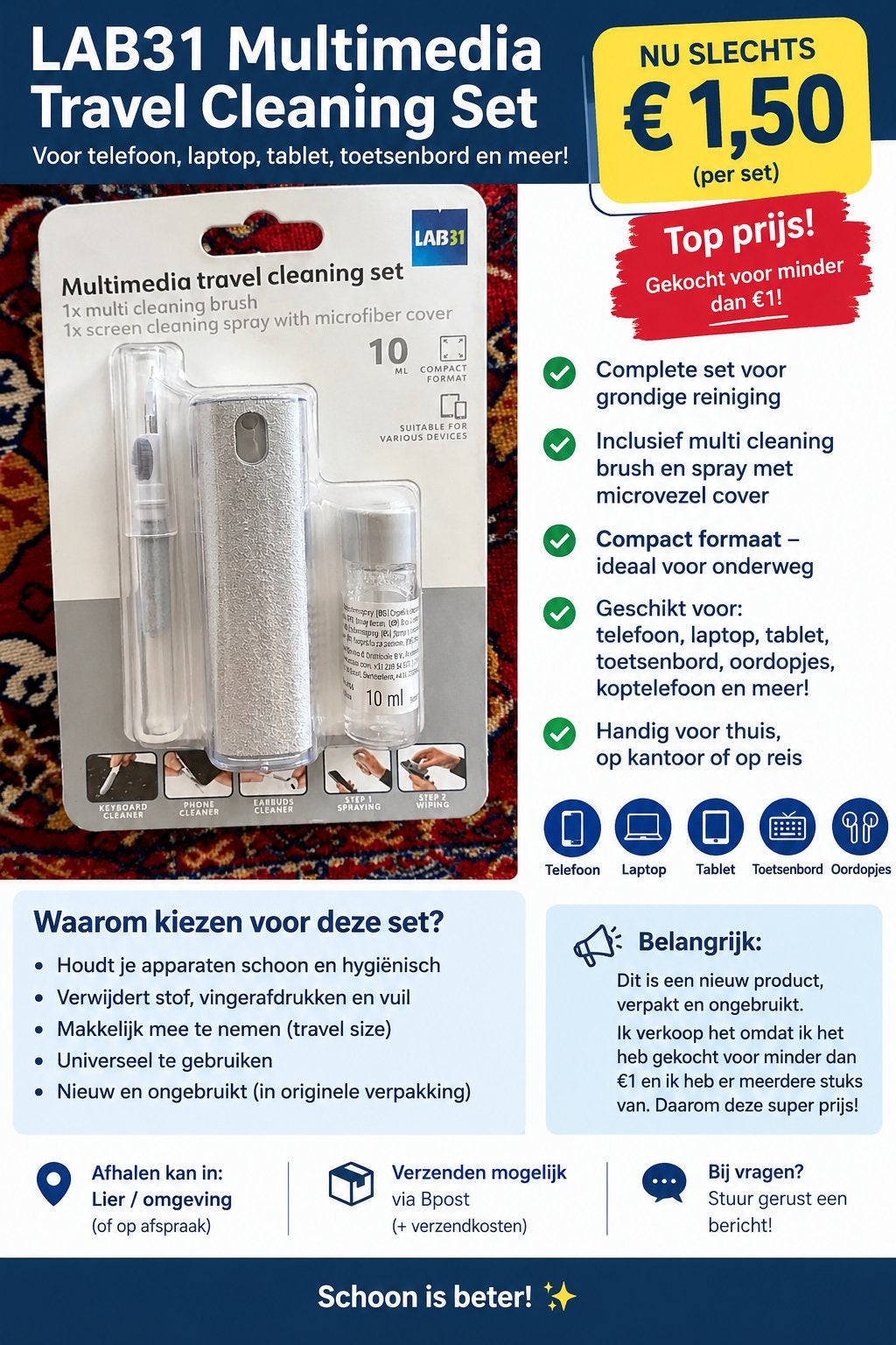 Nieuwe LAB31 Multimedia Cleaning Set – Telefoon & Laptop, Informatique & Logiciels, Enlèvement ou Envoi, Neuf