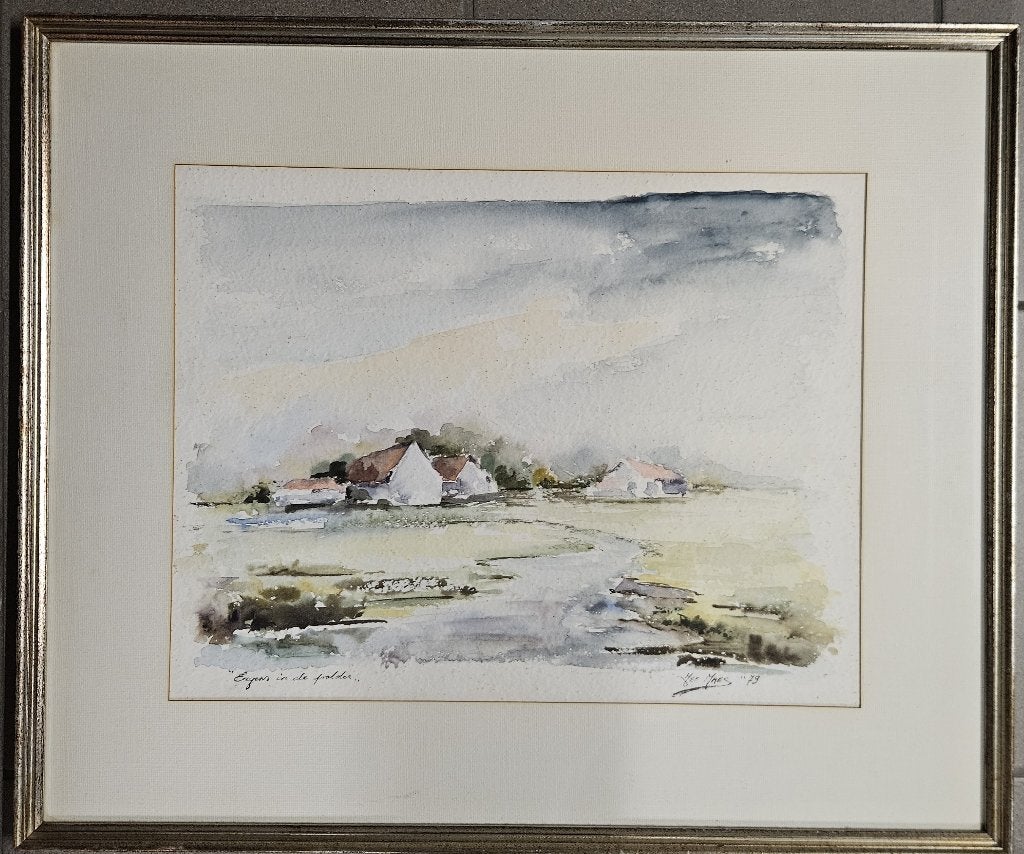 SCHILDERIJ  Jef Maes "Ergens in de polder", Antiek en Kunst, Ophalen, Aquarel