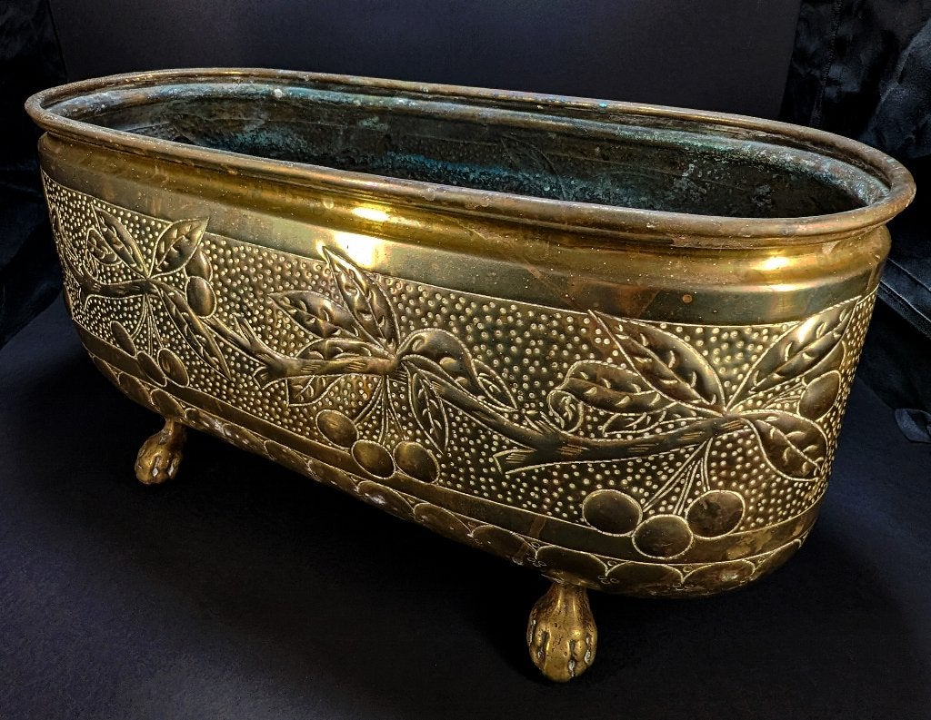 Antieke koperen plantenbak — Kersen- en bladdecor — c.1900, Antiek en Kunst, Antiek | Brons en Koper, Verzenden, Brons