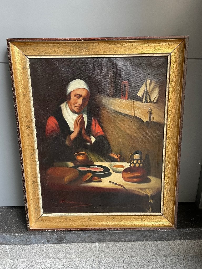 20e-eeuwse decoratief olieverfschilderij: biddende vrouw, Enlèvement