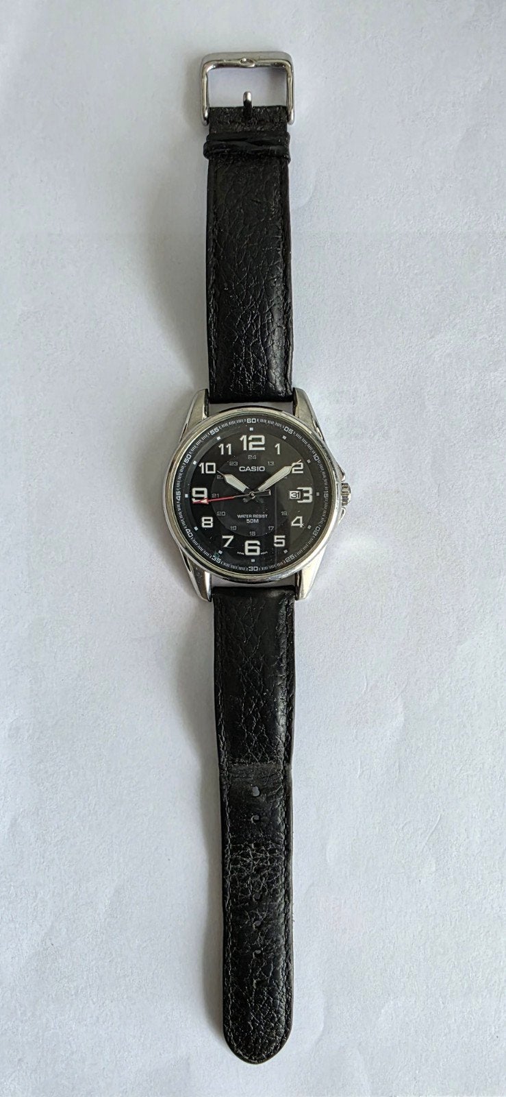 Casio MTP-1372 herenhorloge (zwarte wijzerplaat - datum - 50, Gebruikt, Staal, Polshorloge, Ophalen of Verzenden