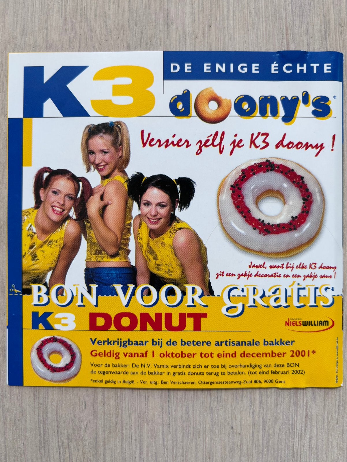 Vintage reclamebon K3 voor gratis donut, A4 of kleiner, Vierkant, Ophalen of Verzenden, Zo goed als nieuw