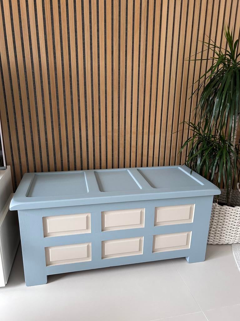 Unieke geupcyclede opbergkist – pastelblauw – 99 cm, Huis en Inrichting, Ophalen, Minder dan 50 cm, 50 tot 100 cm, Zo goed als nieuw