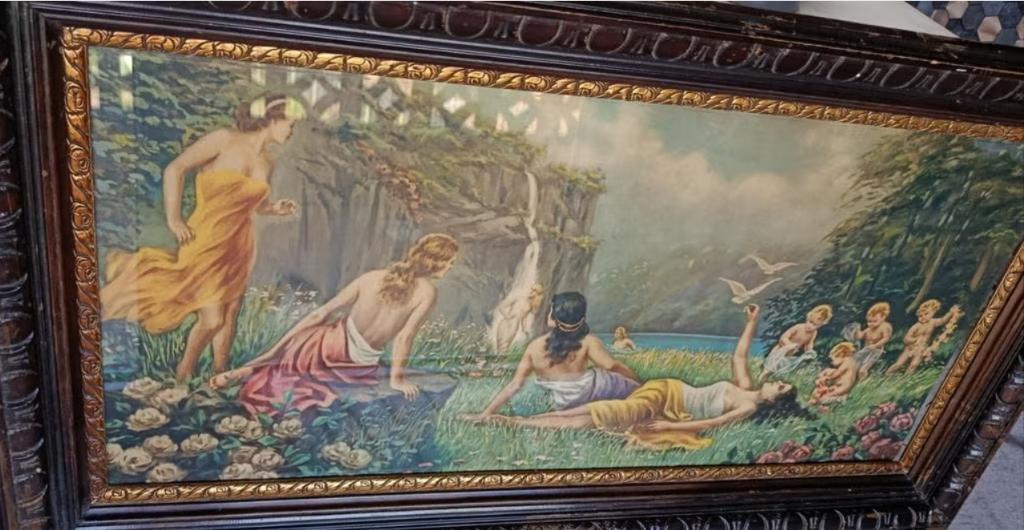 Groot antiek ingelijst schilderij - muzen en cherubijnen, Antiek en Kunst, Ophalen of Verzenden