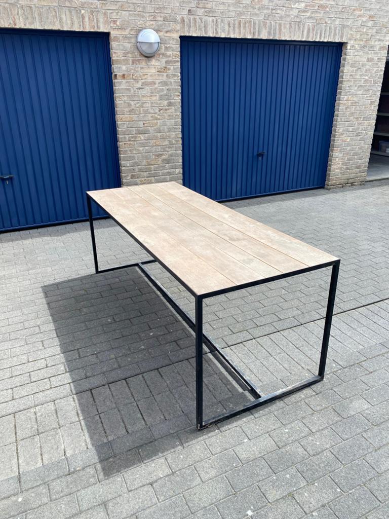 Tafel hout - staal, Huis en Inrichting, Tafels | Eettafels, Ophalen, Gebruikt, 150 tot 200 cm, 50 tot 100 cm