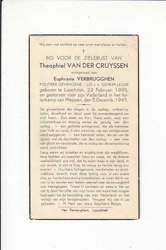 Slachtoffer WO II - Lochristi - folterkamp Meppen (D) 1944, Verzamelen, Bidprentjes en Rouwkaarten, Verzenden, Bidprentje