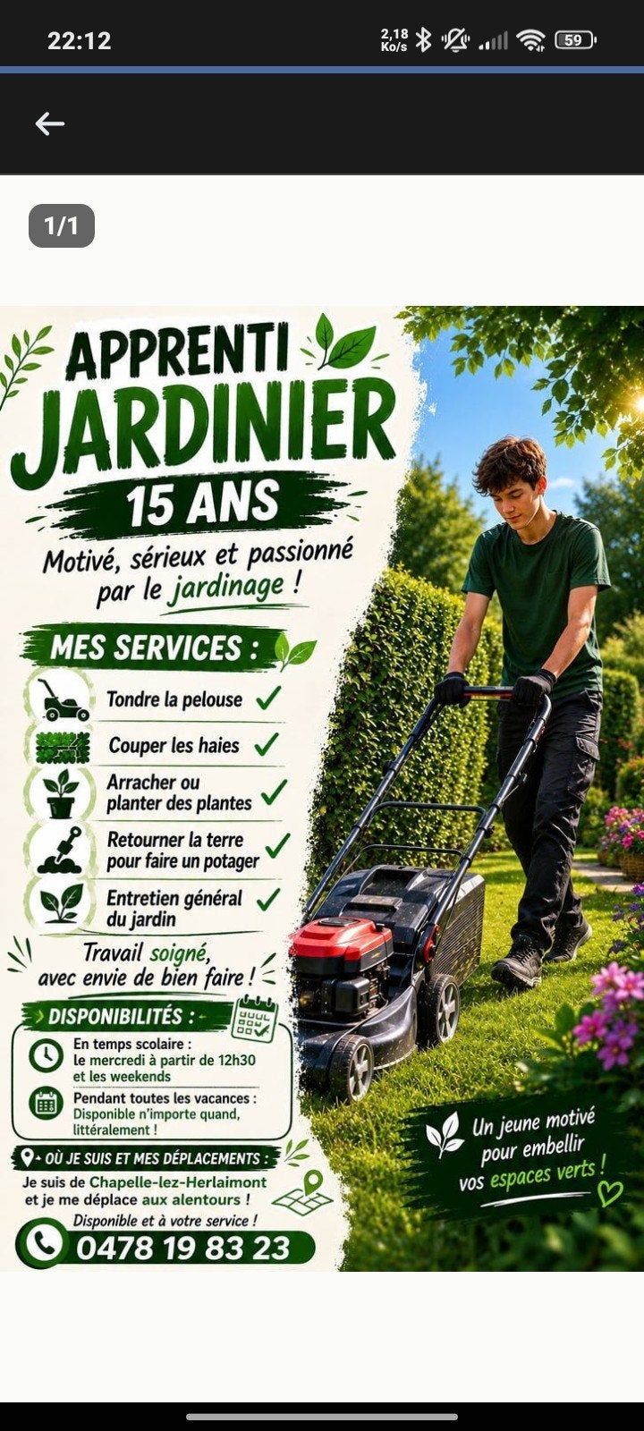 Apprenti jardinier chercher travail, Une personne, Plusieurs jours