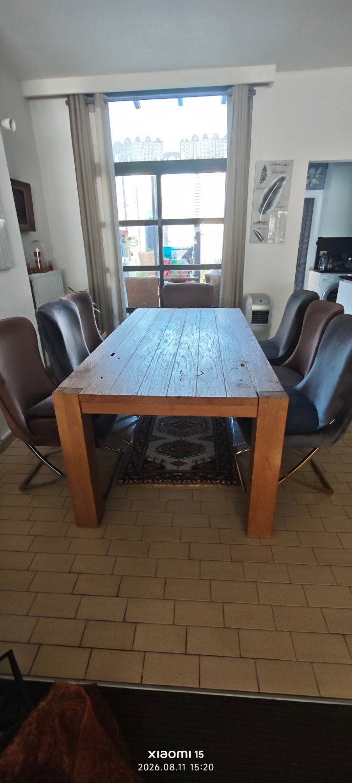 Massief houten eettafel met 6 fluwelen stoelen ophalen 30/09, Ophalen, Gebruikt