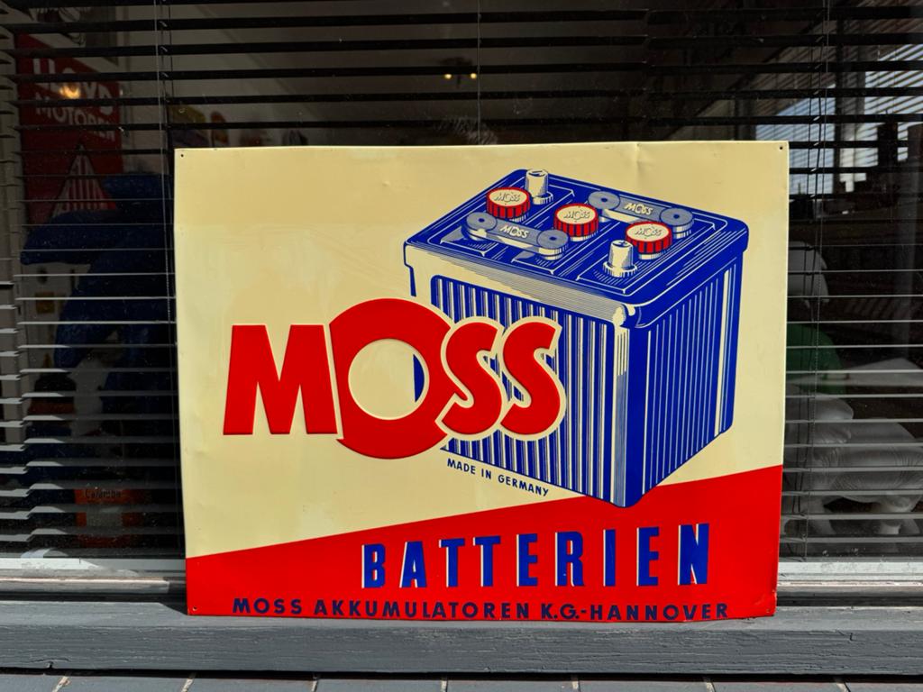 MOSS Accus oud reclamebord, Verzamelen, Ophalen of Verzenden, Gebruikt, Reclamebord