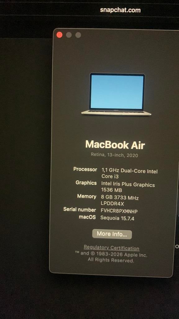 Macbook air 2020, Computers en Software, Apple Macbooks, Ophalen, Gebruikt, 256 GB, 13 inch