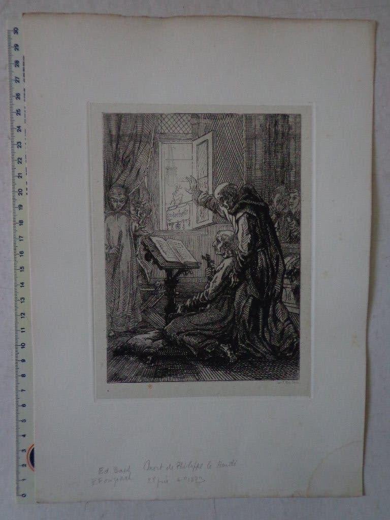 19de eeuwse ets Edgar Baes "Dood van Filips de Stoute" 1873, Antiquités & Art, Enlèvement ou Envoi, Eau-forte, Signé, 1800 - 1899