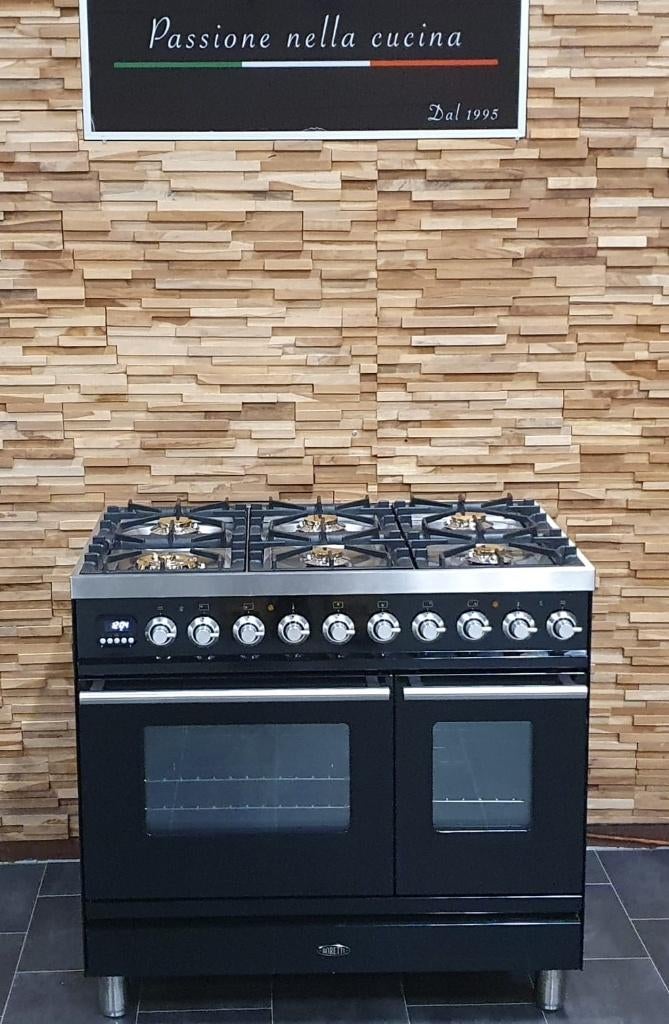 Luxe Boretti Fornuis 90cm hoogglans zwart rvs 2ovens 300°, Electroménager, Cuisinières, Comme neuf, Autoportant, 5 zones de cuisson ou plus