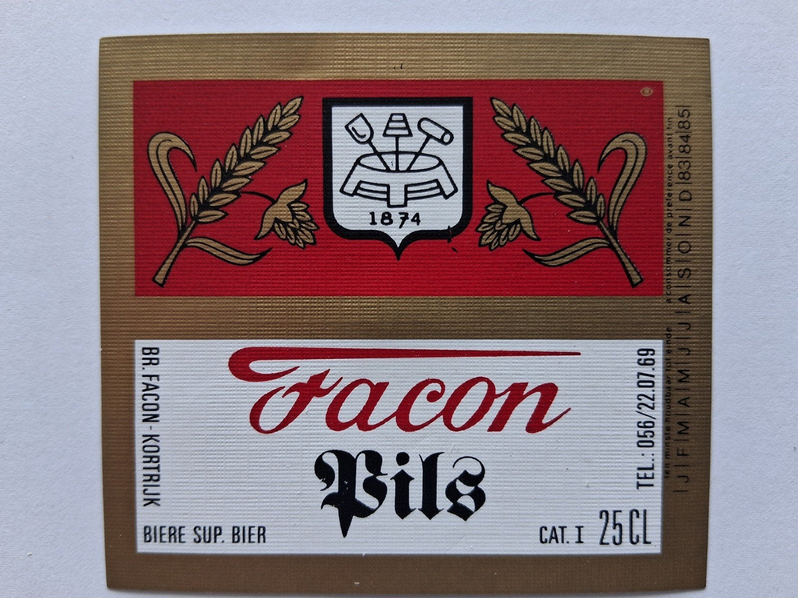 bieretiket Belgie Facon Kortrijk: pils (83-85), Verzamelen, Verzenden, Gebruikt, Overige typen, Overige merken
