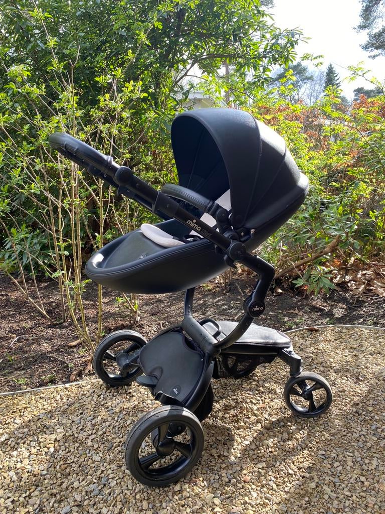 Mima zwarte lederen kinderwagen, Gebruikt, Verstelbare duwstang, Ophalen, Kinderwagen