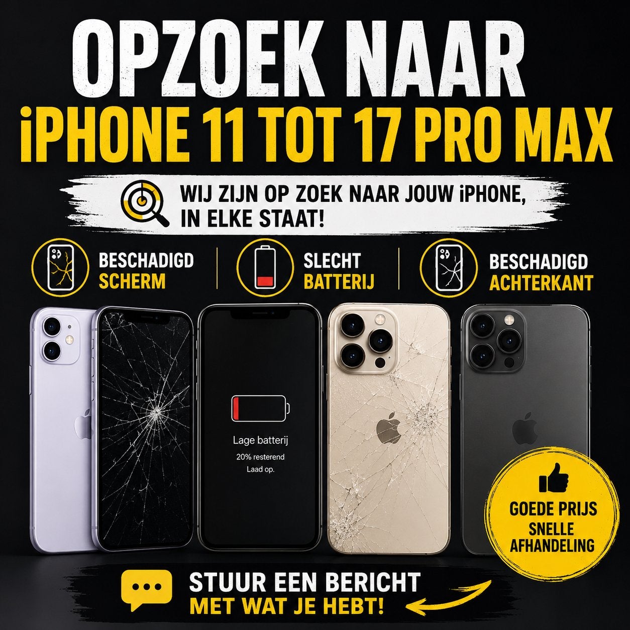 Opzoek naar iPhone 11 tot 17 pro max (met schade), TV, Hi-fi & Vidéo, Batteries, Enlèvement, Comme neuf