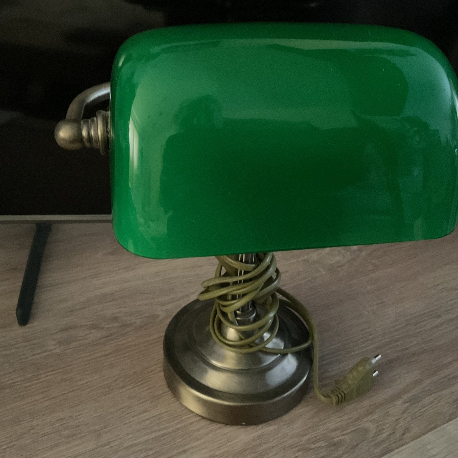 Tinne lapm met groen kap in glas, Ophalen, Bureaulamp, Gebruikt, Overige merken