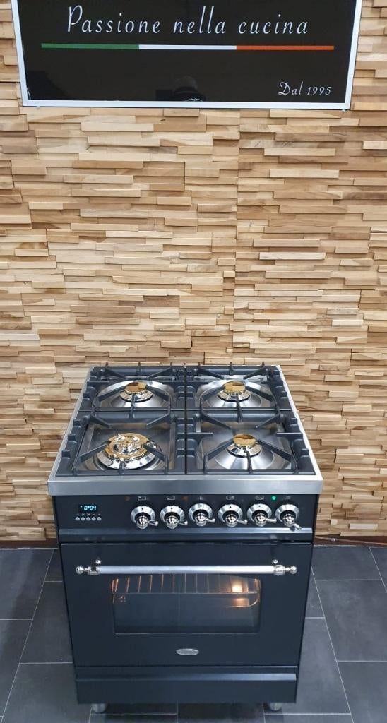 Luxe Boretti Fornuis 60cm antraciet + rvs 1 oven 4 pits, Ophalen, 4 kookzones, Zo goed als nieuw, Gas