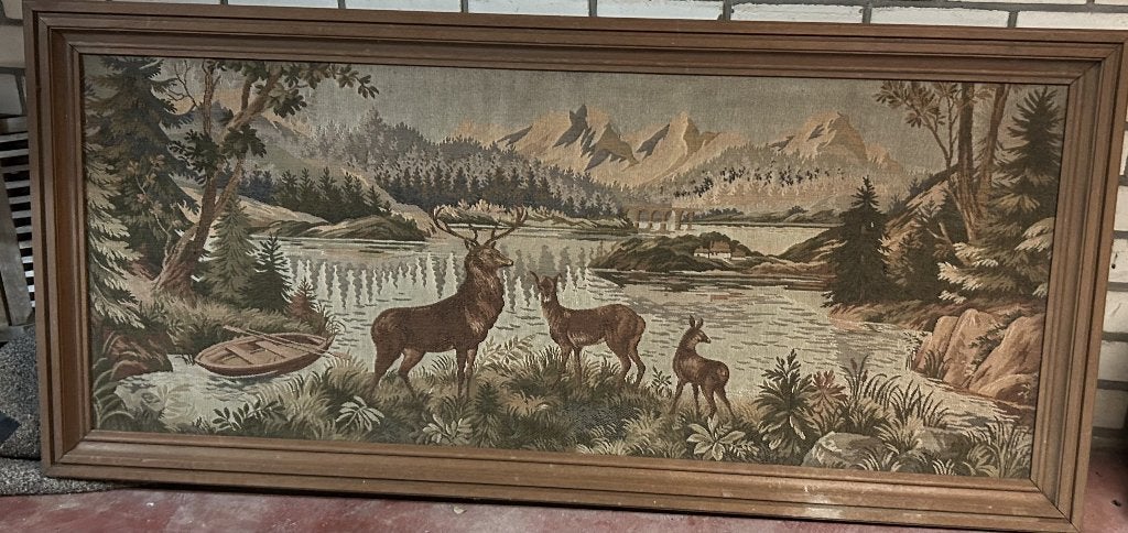 vintage l jaren '70 geborduurd schilderij met herten, Ophalen, 50 – 75, Overige typen, 125 cm of meer