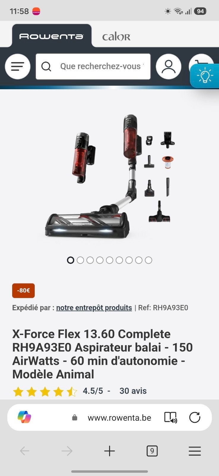 X-Force Flex 13.60 Complete RH9A93E0 Aspirateur balai - 150, Rowenta, Réservoir, Aspirateur balai, Comme neuf