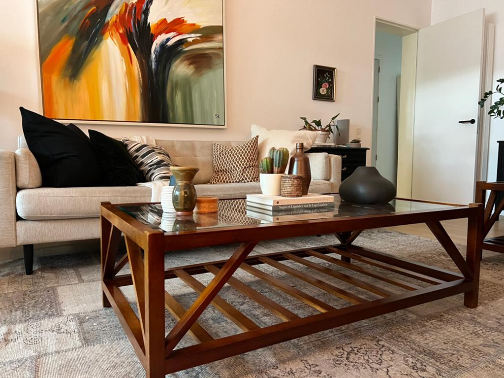 Set salontafel + bijzettafel in hout en glas, Ophalen, Zo goed als nieuw, Glas