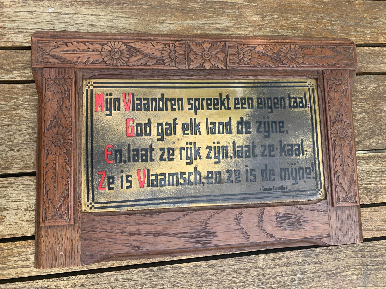 Antiek Koperen Wandbord Guido Gezelle Spreuk in Eiken Kader, Antiek en Kunst, Ophalen of Verzenden