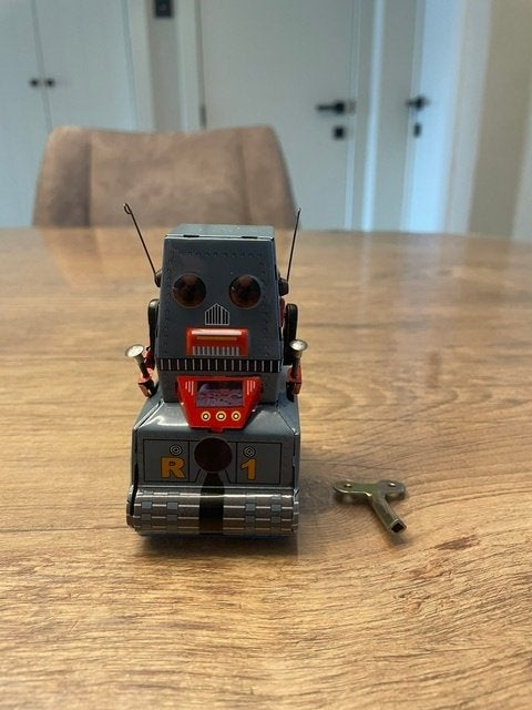 Blikken Robot – werkend – met sleutel en doos, Antiek en Kunst, Antiek | Speelgoed, Ophalen of Verzenden