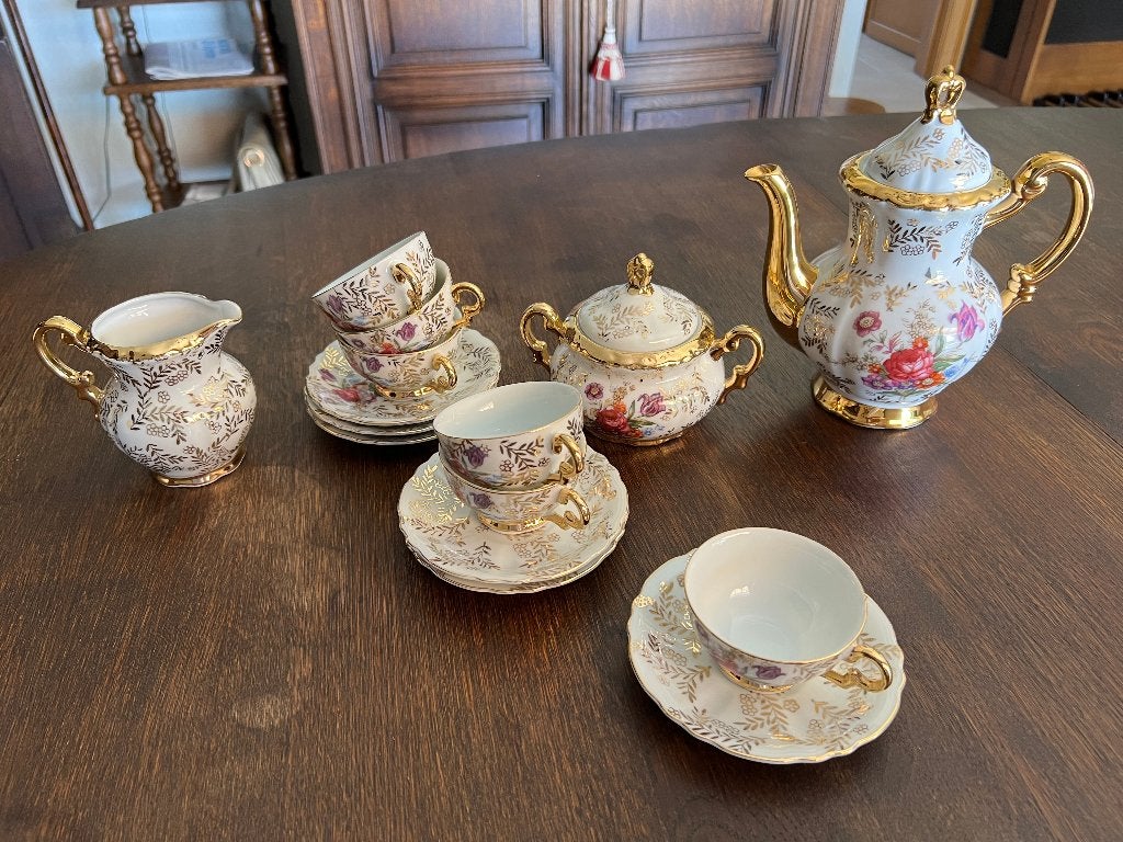 Vintage porseleinen koffie-/theeservies met gouddecor, Ophalen, Gebruikt, Overige typen