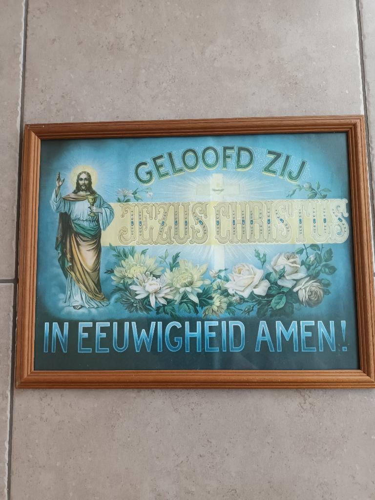 Spreuk in kader met Christus figuur, Ophalen, Gebruikt, Overige materialen