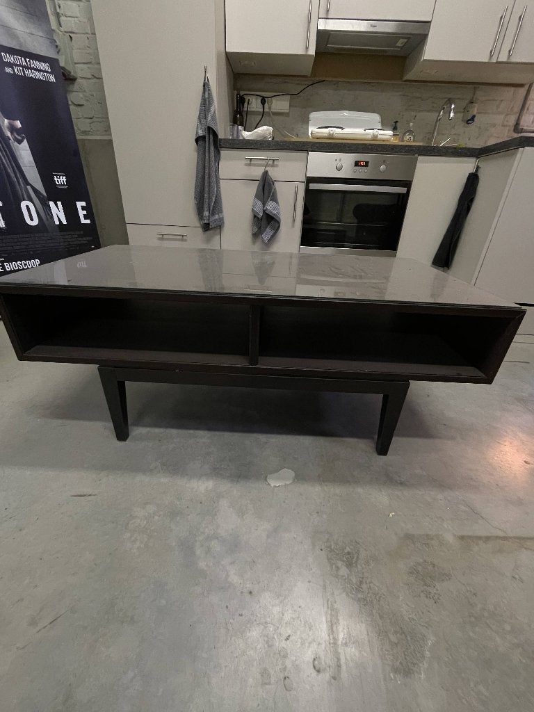 Table basse en bois et verre / Salontafel van hout en glas, 100 à 150 cm, Verre, Enlèvement, Utilisé