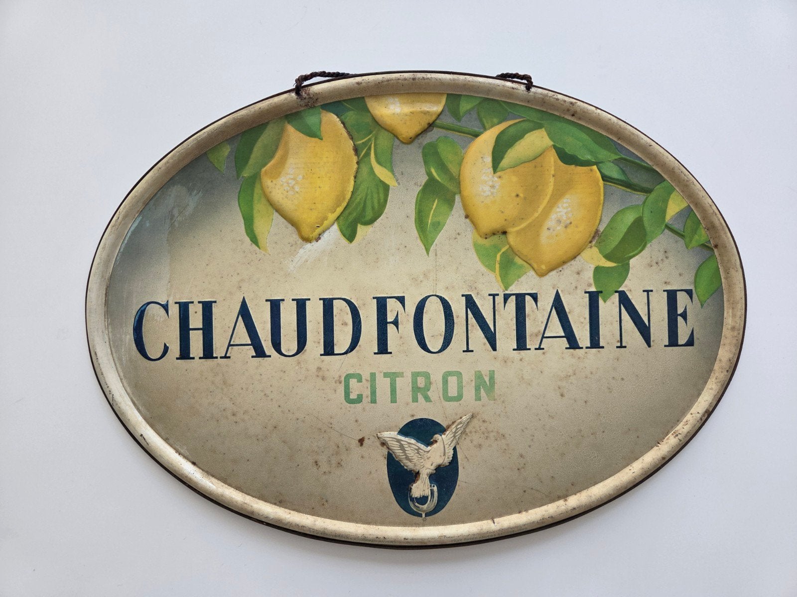 Vintage Blikken Reclamebord Chaudfontaine Citron (1949), Verzamelen, Ophalen, Zo goed als nieuw, Reclamebord