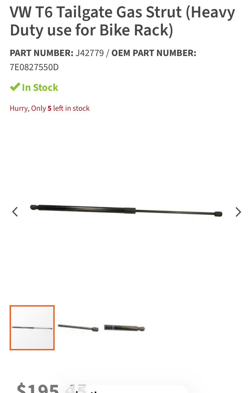 VW T6 Tailgate Gas Strut (Heavy Duty use for Bike Rack), Ophalen of Verzenden, Zo goed als nieuw, Accessoires