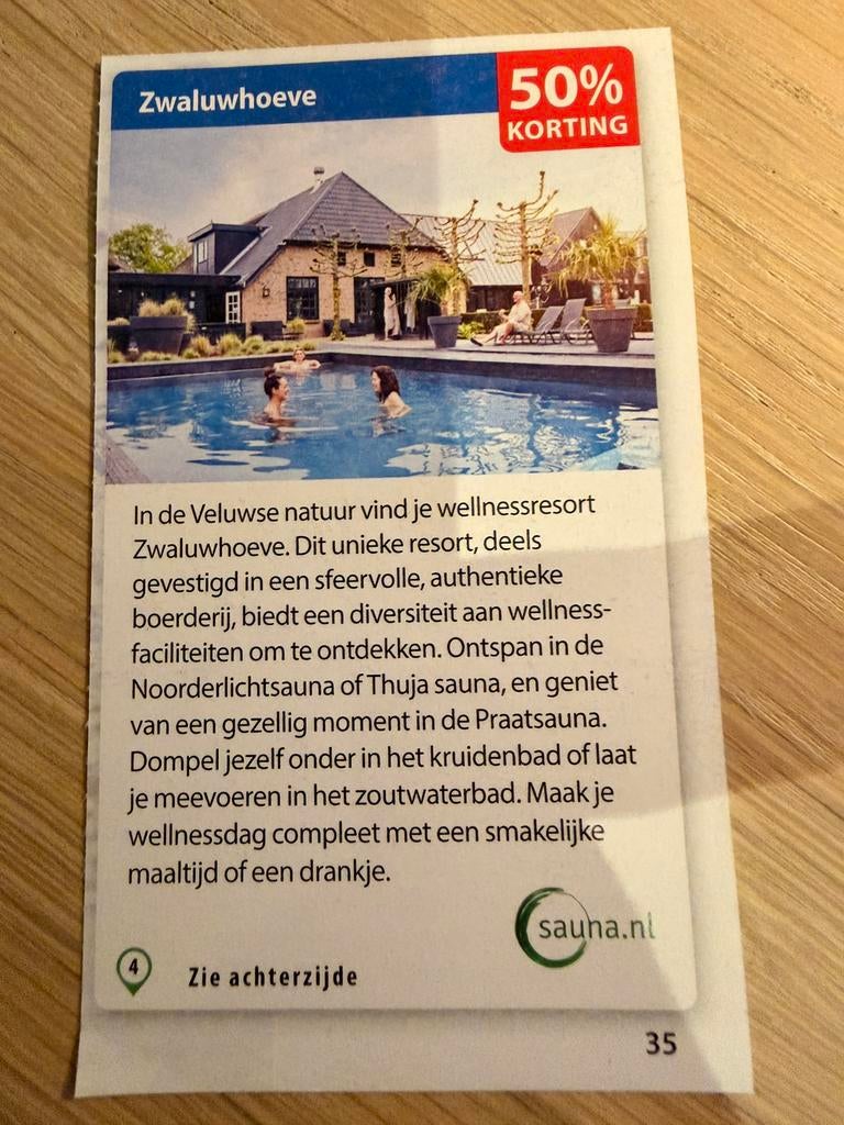 Kortingsbon voor wellnessresort de Zwaluwhoeve, Ophalen of Verzenden