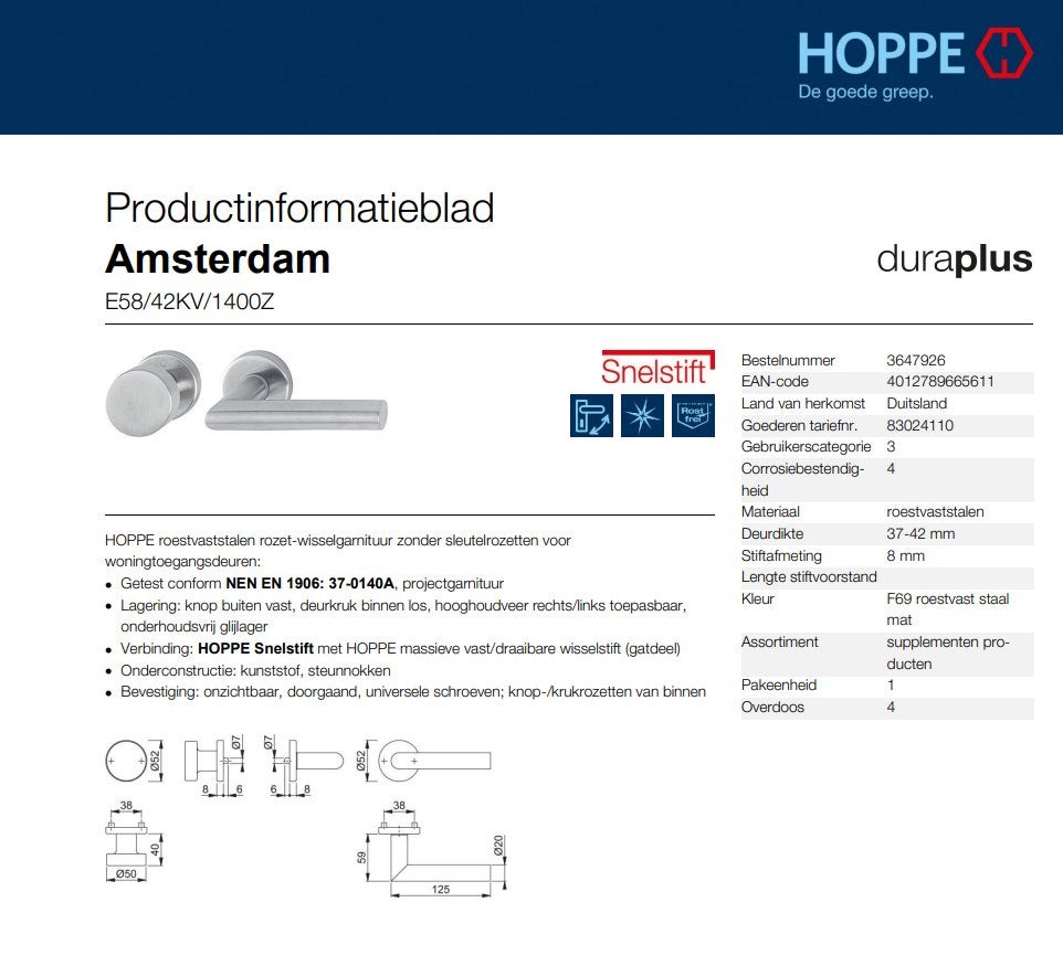 HOPPE deurklink - rozet-wisselgarnituur voordeur - Eeklo, Enlèvement ou Envoi, Neuf, Loquet ou Poignée