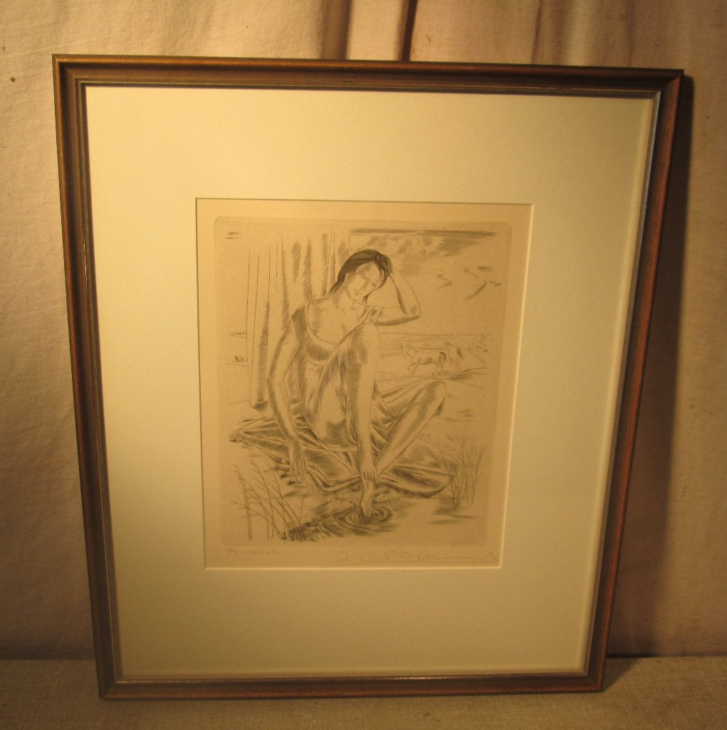 Belle gravure « Femme et chevaux » - signée, Antiquités & Art, Art | Eaux-fortes & Gravures, Enlèvement ou Envoi, Eau-forte, Encadré