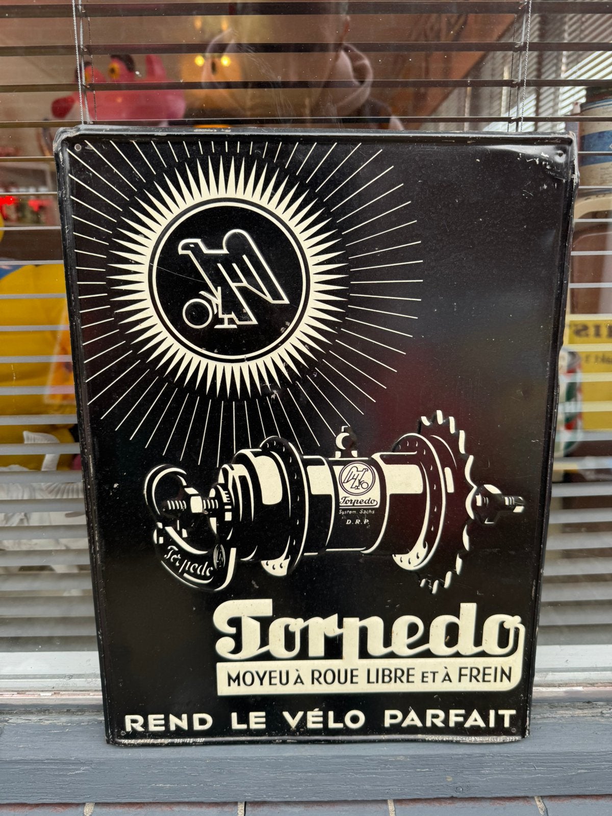Torpedo fiets oud reclamebord 1937, Reclamebord, Gebruikt, ., Ophalen of Verzenden